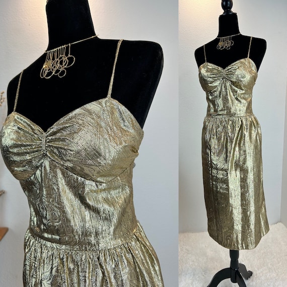 1980s Dress / 1980s Gold Lame Dress / 80s dress /… - image 1