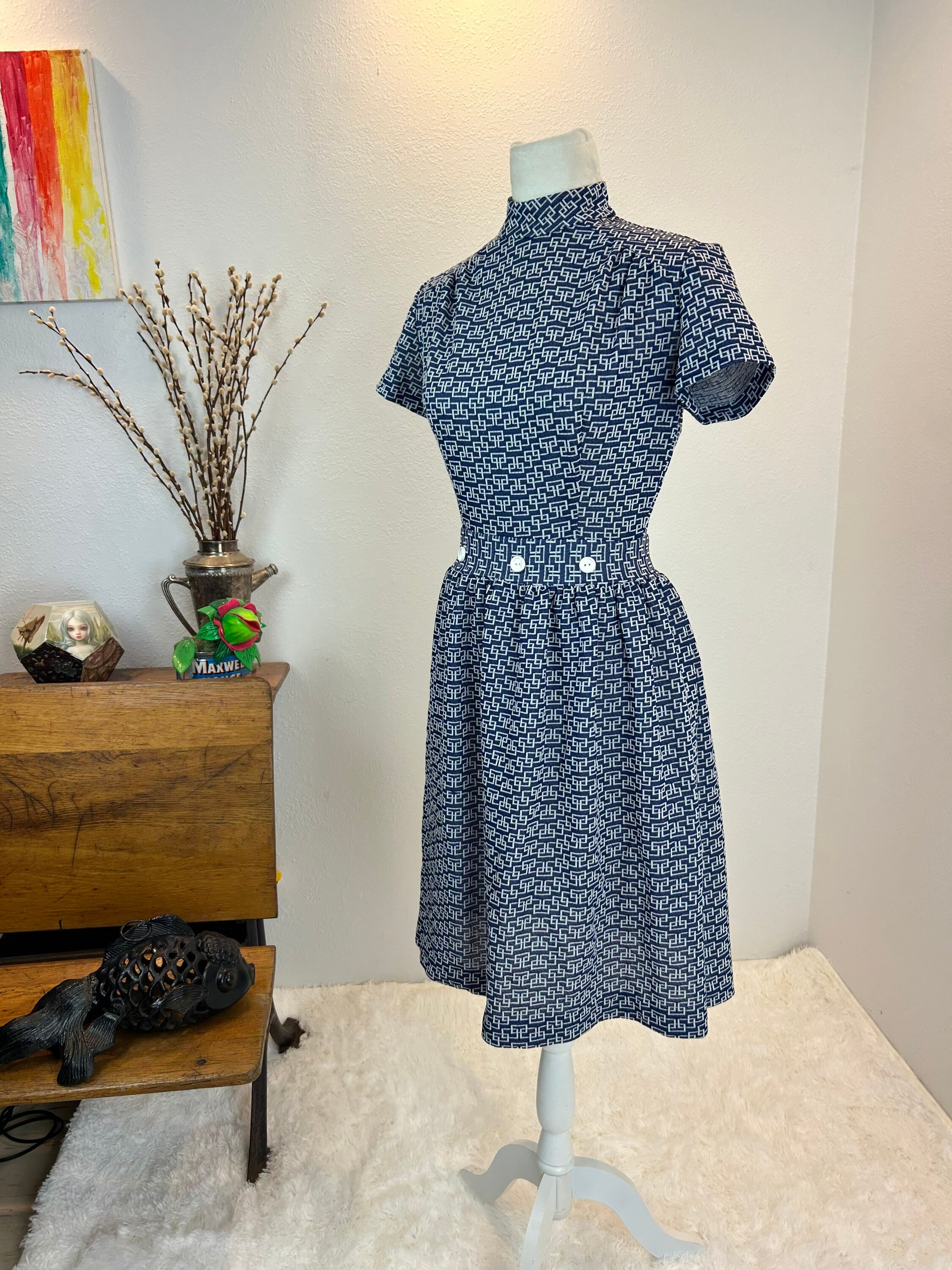 Vintage 1960s Mod Dress, Blue & Cream Print, Fitted Waist - Etsy