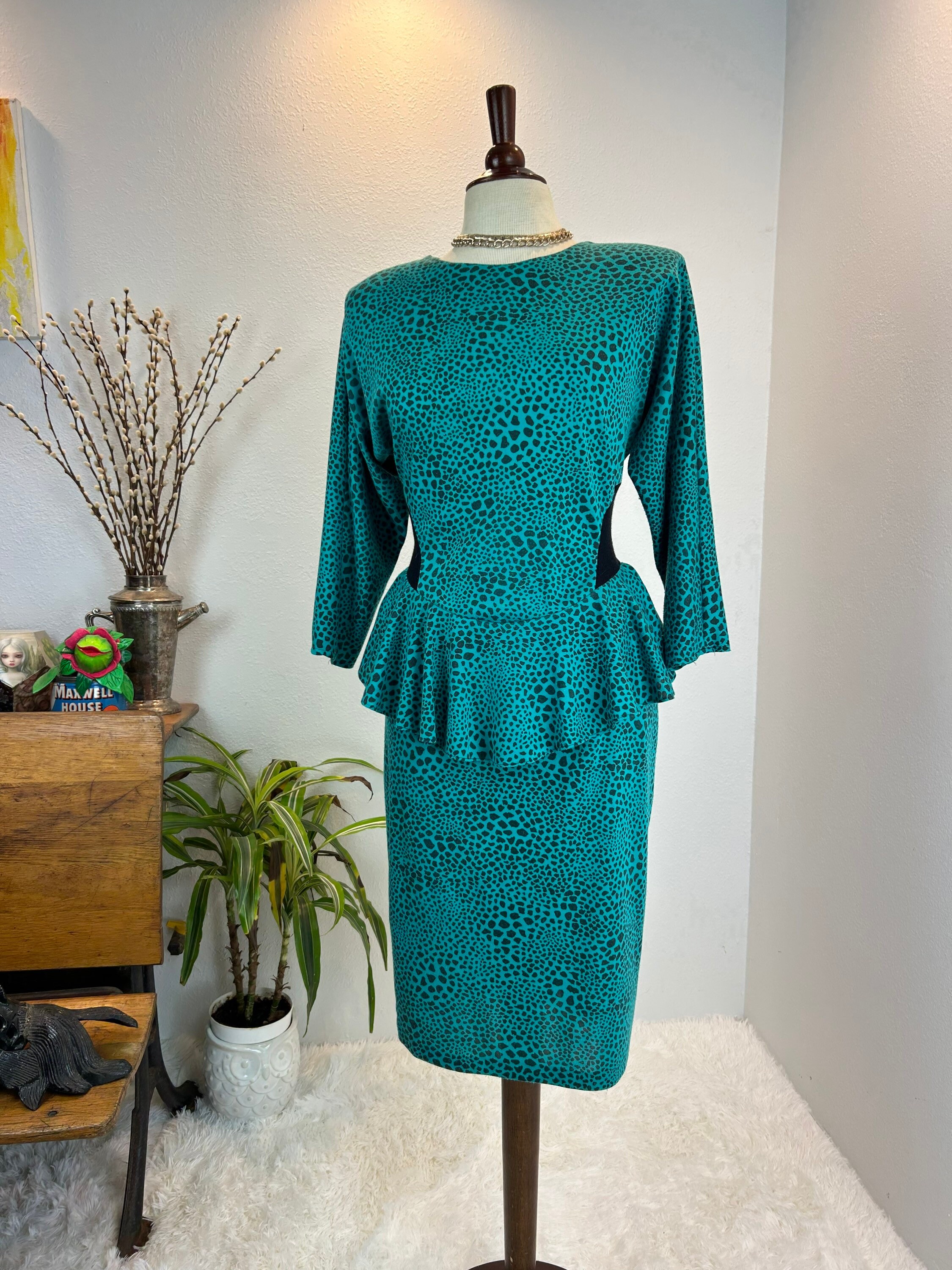 1980s Peplum Dress, Teal Animal Print Sweater Knit - Etsy 1980s Peplum Dress, Teal Animal Print Sweater Knit - Etsy