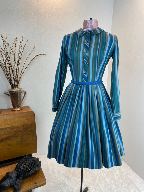 Vintage 1960’s Blue And Green Stripe Shirt Dress - image 10