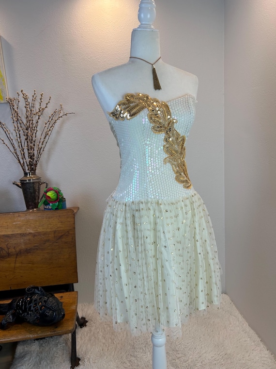Vintage Alfred Angelo Sequin Dress: 1980s Gold Gl… - image 7