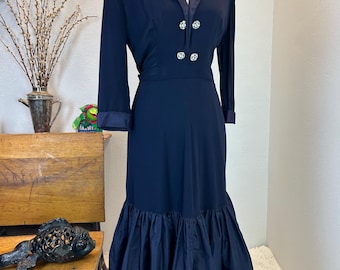 1940s Navy Chiffon Illusion Dress, Mermaid Hem - Vintage Fashion