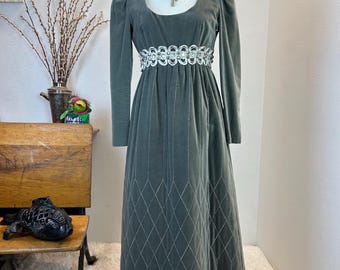 1960s Velvet Maxi Dress, Silver Empire Waist, Quilted Skirt