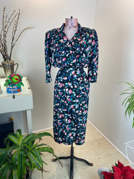 Vintage 1980s does 1940s Black Floral Dress