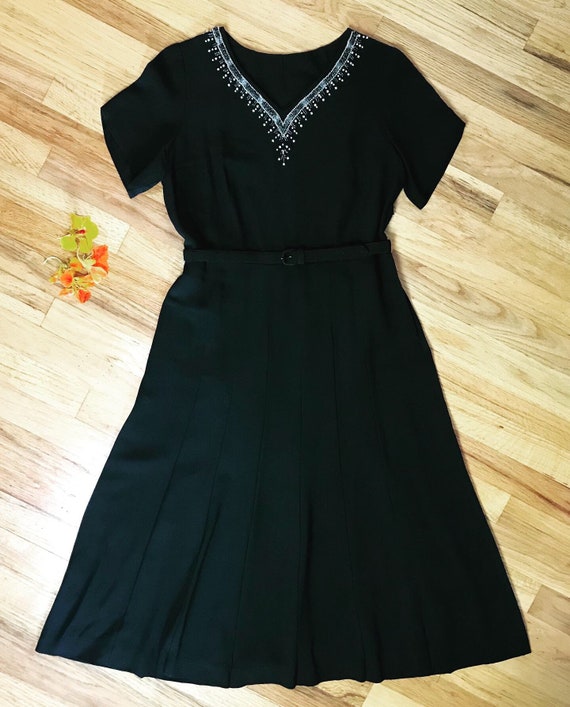 Vintage 1940s Beaded Neckline Black Crepe Rayon Dr