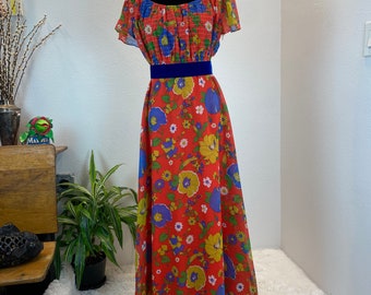 1960s Floral Maxi Dress with Velvet Waistband