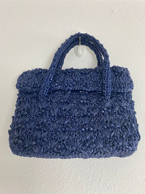 1960’s Raffia & Bead Purse / 60s Purse Navy Blue - image 7