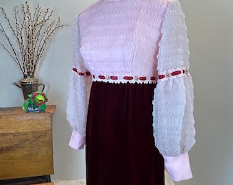 1960s Velvet Maxi Dress, Pink Bodice Puff Sleeves