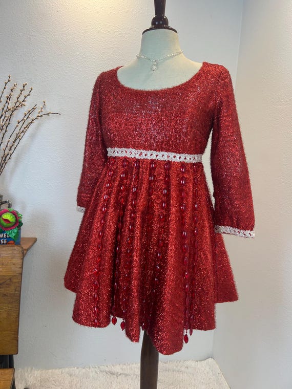 red showgirl dress 1980s Red Sequined One Shoulder Showgirl Gown