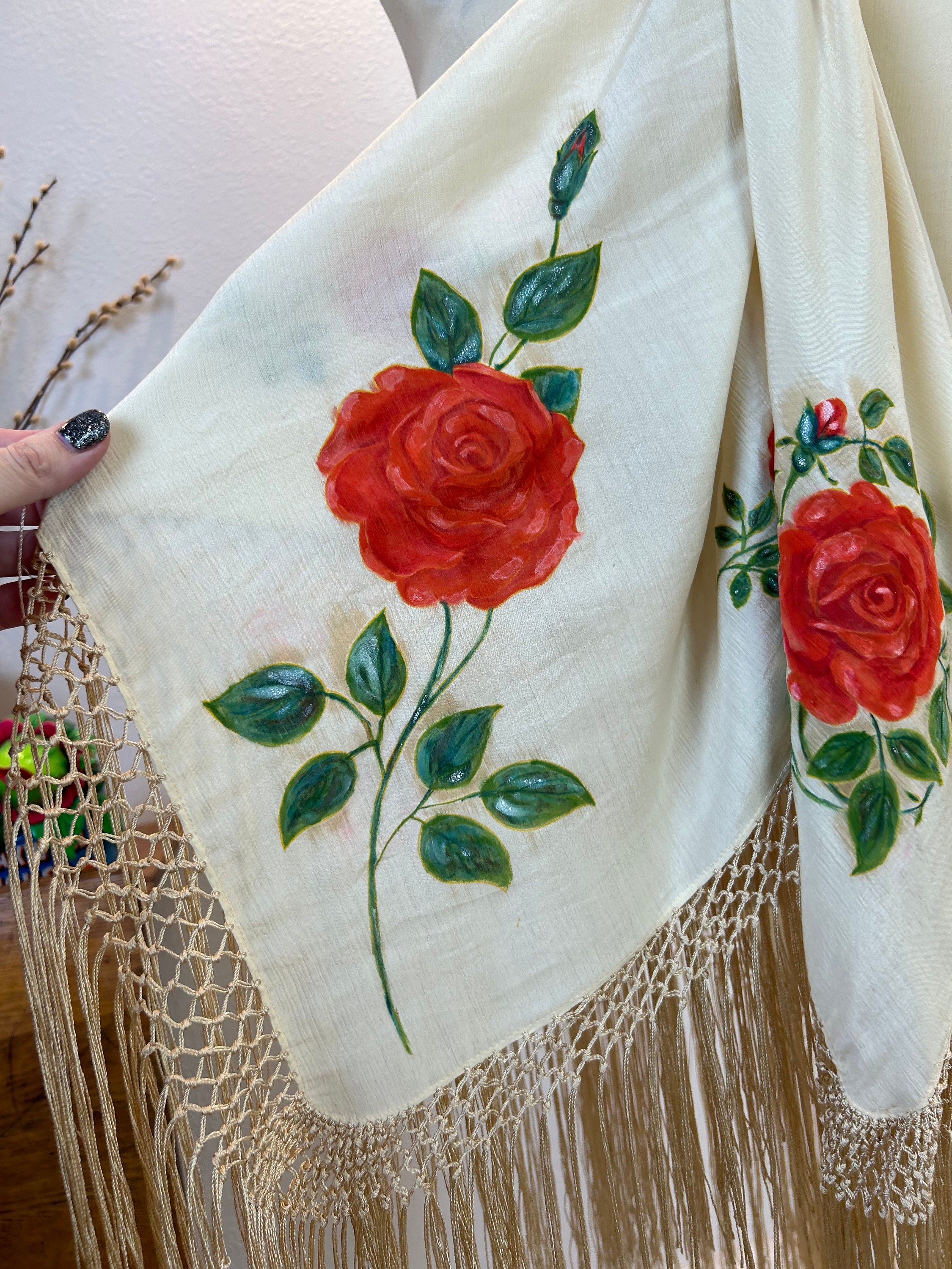 Antique Hand-painted Rose Piano Shawl – Cream Silk, 1920s Fringe