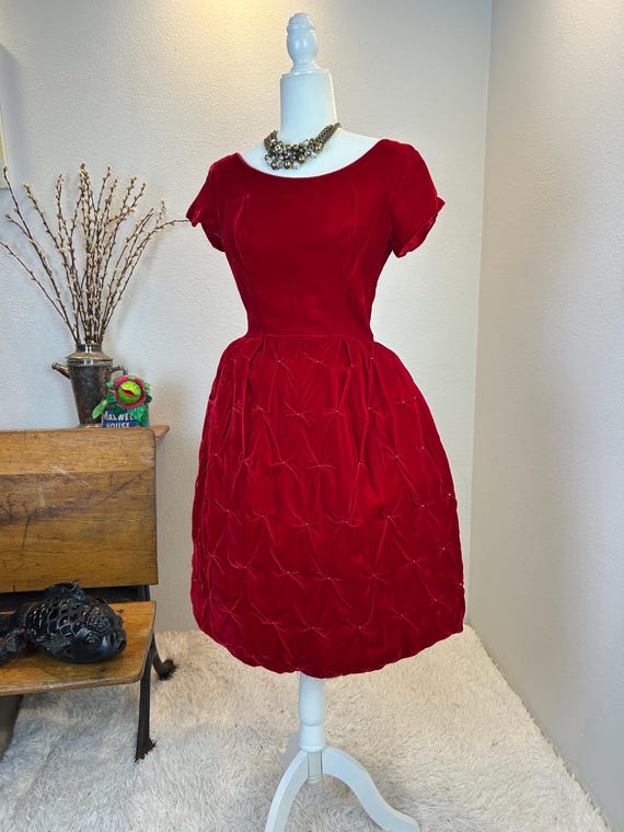 1950s Red Velvet Dress - Studded Bubble Hem, 26 inch Waist 1950s Red Velvet Dress - Studded Bubble Hem, 26 inch Waist