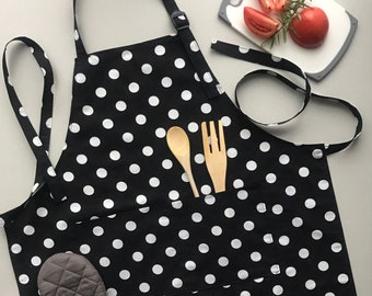 Apron Set, Apron With Pockets, Kids Apron, Handmade Cotton Apron, Polka Dot Apron, Matching Aprons, Cooking Apron