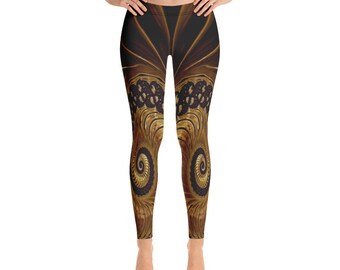 May include: Black and gold leggings with a swirling pattern. The pattern is reminiscent of a spiral galaxy.