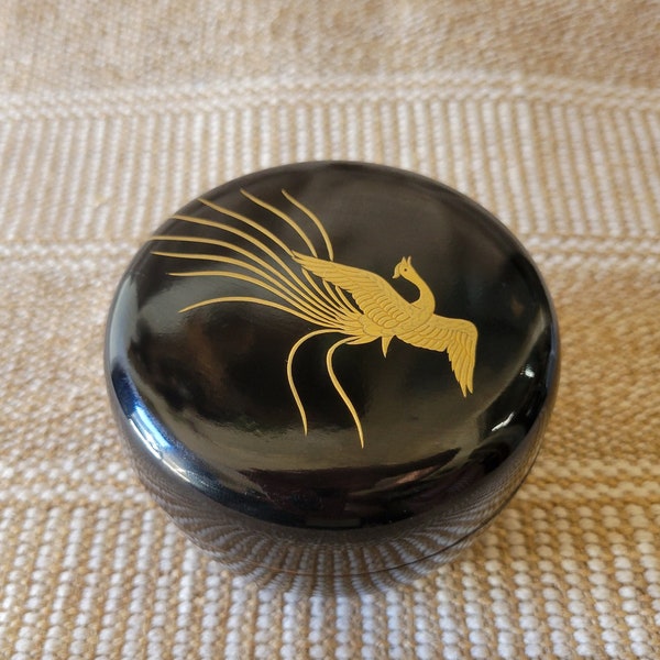 Vintage MCM Japanese Lacquered Lidded Bowl Black with a Gold Bird