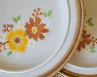 Set of 4 - Vintage Floral Pattern Salad Plates Hand Thrown and Glazed - Natural Palette of Honeycomb and Earthy Brown Flowers