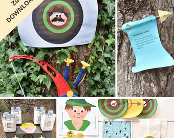 DIY Robin Hood Rundum-Sorglospaket für den Kindergeburtstag: Einladung / Partydeko / Schatzsuche / Etiketten für Gastgeschenke / PDF-Vorlage