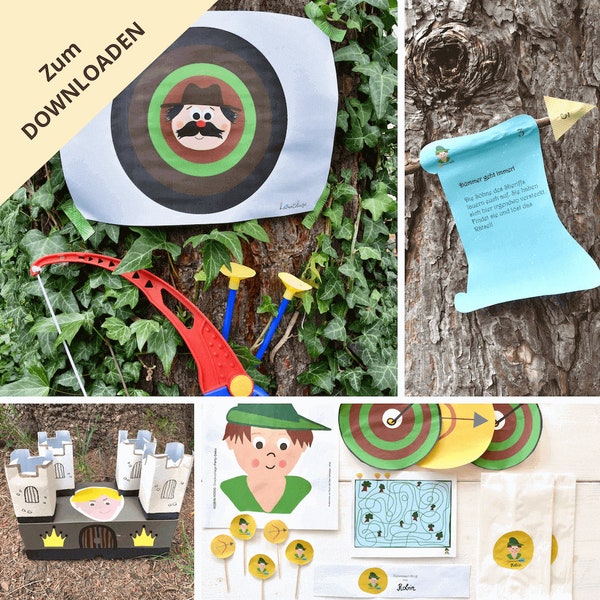 DIY Robin Hood Rundum-Sorglospaket für den Kindergeburtstag: Einladung / Partydeko / Schatzsuche / Etiketten für Gastgeschenke / PDF-Vorlage