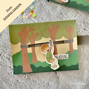 DIY Einladung Klettern Bouldern Kletterwald Hochseilgarten zum Ausdrucken und Basteln / PDF-Vorlage / Einladung Kletterwald basteln