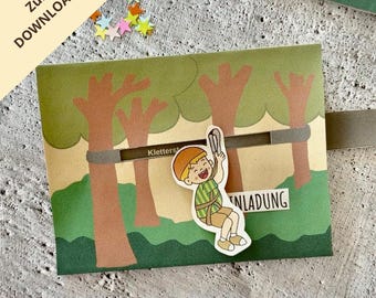 DIY Einladung Klettern Bouldern Kletterwald Hochseilgarten zum Ausdrucken und Basteln / PDF-Vorlage / Einladung Kletterwald basteln