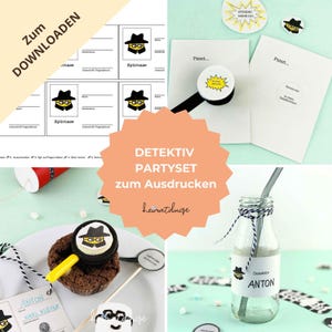 May include: A detective-themed party printable set featuring cards with a cartoon character in a black hat and glasses, "Pssst..." note cards, a magnifying glass cookie topper, and a glass bottle with a label reading "Detektiv ANTON".