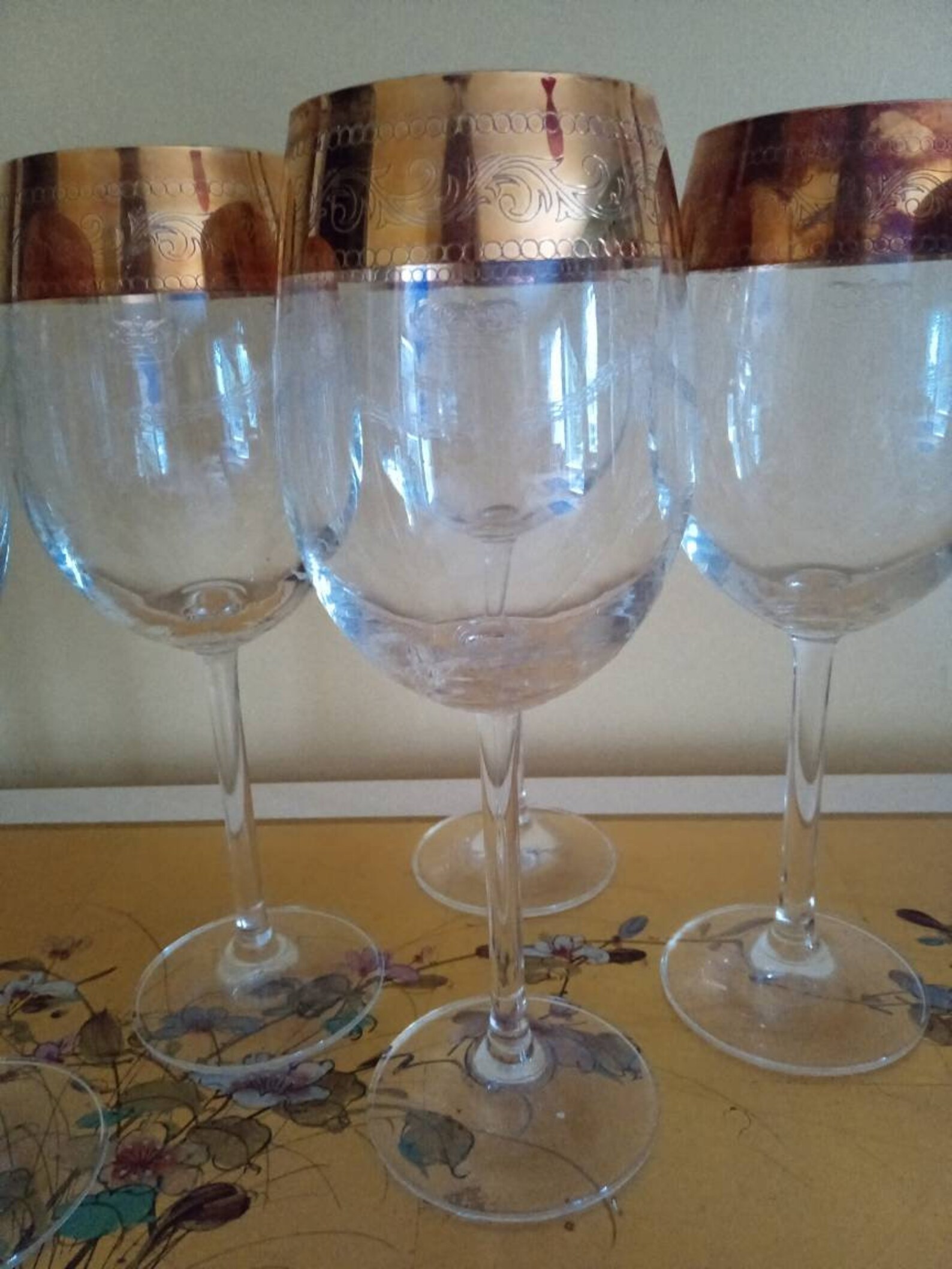 Six beautiful etched gold rimmed wine glasses. Etsy