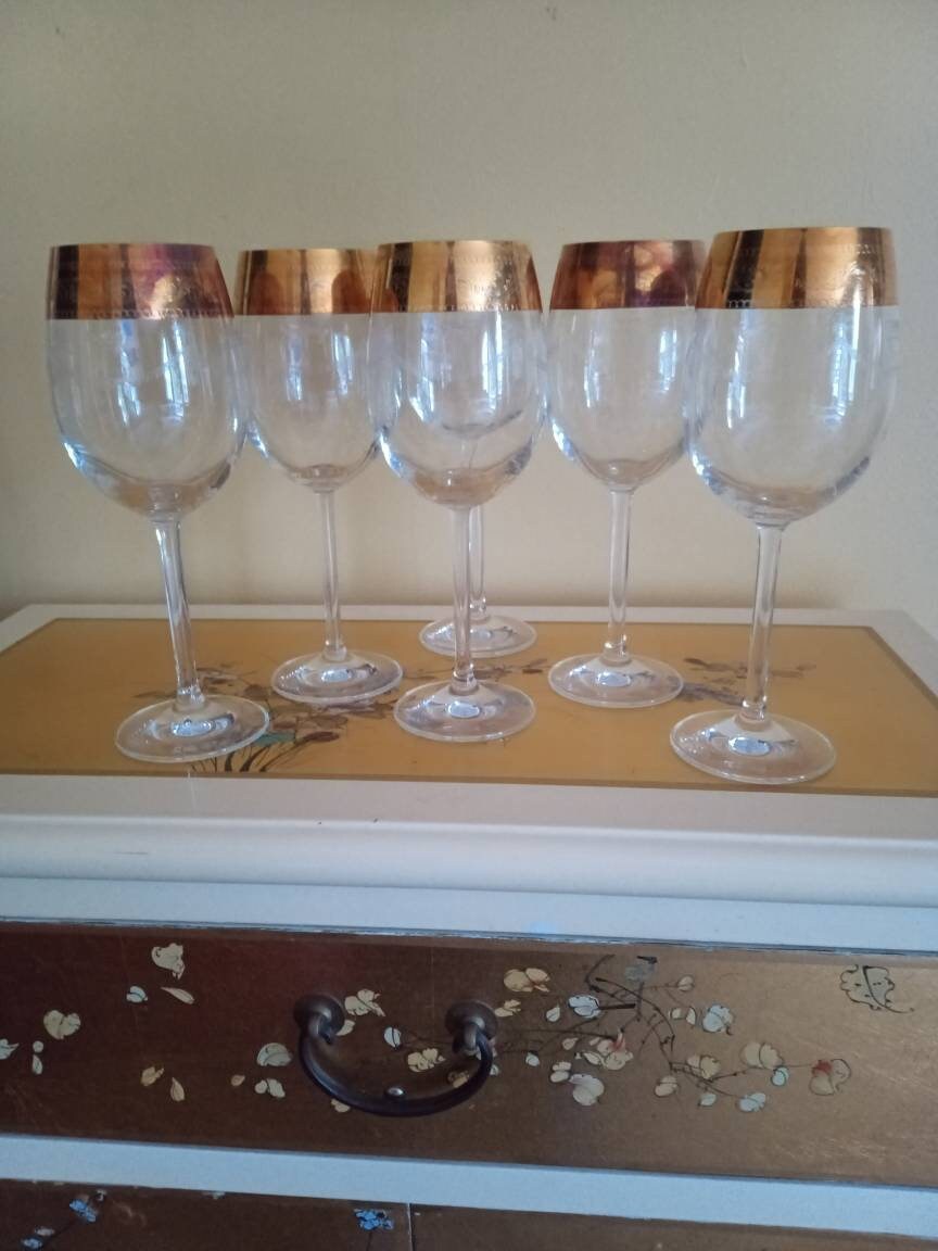 Six beautiful etched gold rimmed wine glasses. Etsy