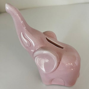 Vintage MCM Ceramic Pink Elephant Piggy Bank Trunk Up Good Luck