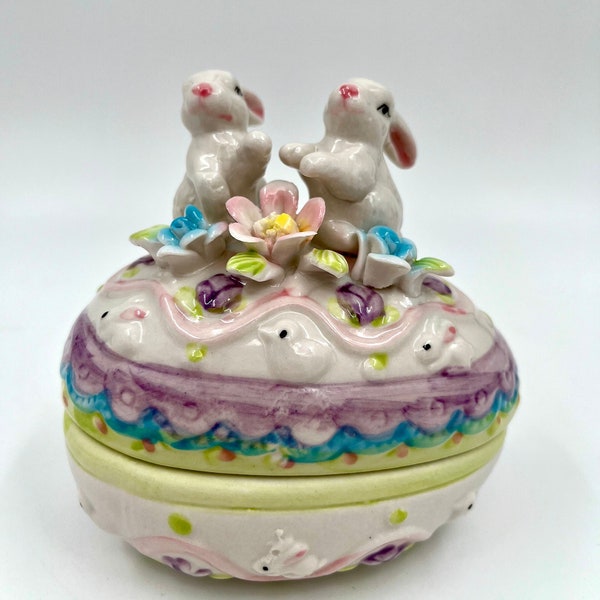 Vintage Ceramic Easter Egg Trinket Box Topped with Bunnies