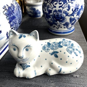 Vintage Chinoiserie Blue and White Ceramic Cat Figurine