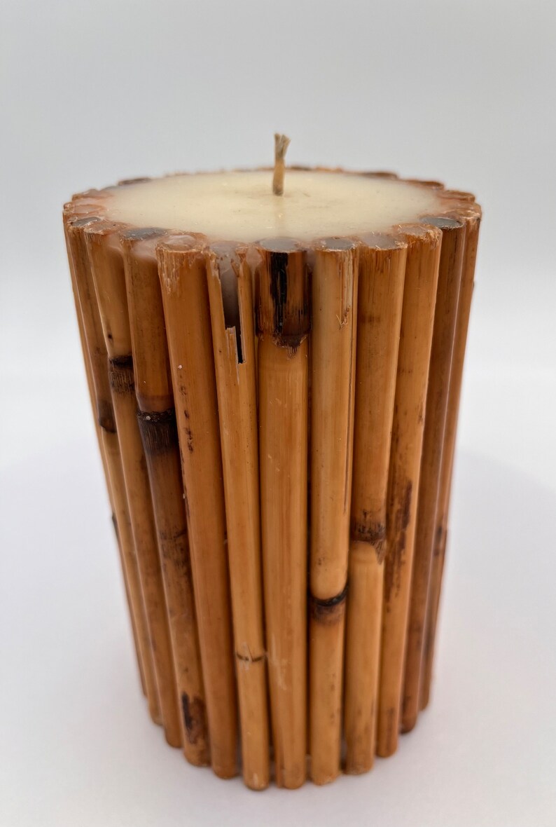 May include: A cylindrical candle with a beige wax top and a brown bamboo base. The candle is surrounded by a ring of brown bamboo sticks.
