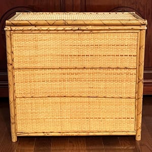 Vintage Chinoiserie Bamboo Cane Side Table: Lidded Storage Hamper, Blanket Chest, Storage Box