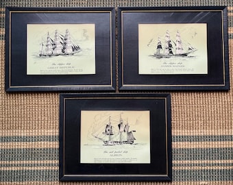 Vintage 1968 Framed Sailing Ship Lithographs Nautical Art - James Baines Clipper Ship, Great Republic Clipper Ship, Albion Sail Packet Ship