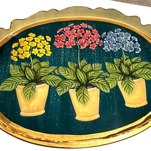 Vintage Hand Painted Potted Geraniums Topiary Scalloped Wood Serving Tray