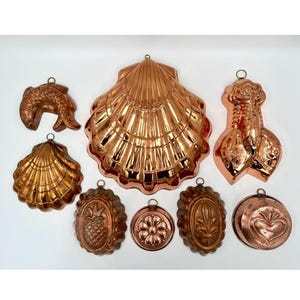 Vintage Copper Molds Scallop Shells, Lobster, Rooster, Chicken, Fish, Fleur de Lis for Aspics, Terrines, Jellies, Ice Molds, Baking, Display
