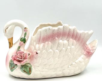 Vintage Pink and Gold Lusterware Ceramic Swan Planter Centerpiece