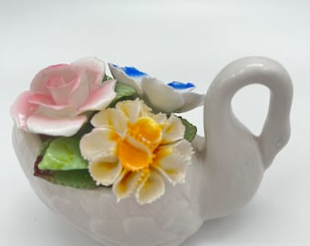 Vintage Royale Stratford Staffordshire Capodimonte Style Swan with Flowers Figurine