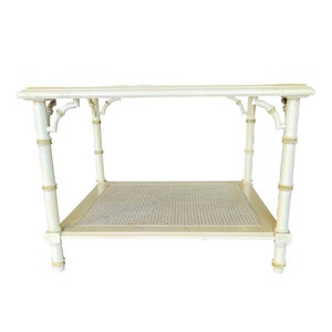 1970s Chinoiserie Faux Bamboo Coffee Table Fretwork Glass & Cane Square Two Tier  - FREE Local Pick Up or Arrange Your Own Shipping