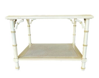 1970s Chinoiserie Faux Bamboo Coffee Table Fretwork Glass & Cane Square Two Tier  - FREE Local Pick Up or Arrange Your Own Shipping