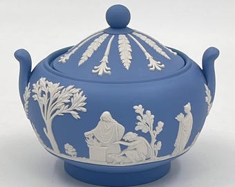 Vintage Wedgwood Blue Jasperware Covered Sugar Bowl or Lidded Trinket Dish