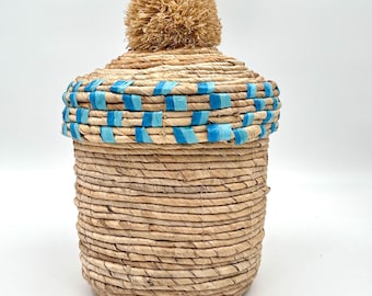 Vintage Raffia Storage Basket With Lid, Blue Stripes & Pom Pom - Etsy