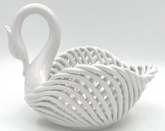 Vintage Shafford White Ceramic Basketweave Swan Planter Bowl Centerpiece