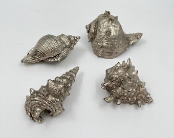 Vintage Silver Shell Figurine, Metal Shell,  Silver Tone, Conch Shell, Bursa Shell, Murex Shell, Cerith Shell