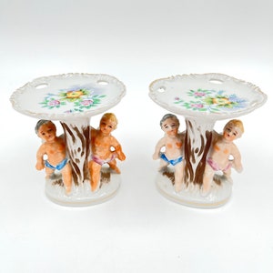Vintage Hand Painted Cherub Angel Pedestal Ring Dish, Soap Dish or Cupcake Stand