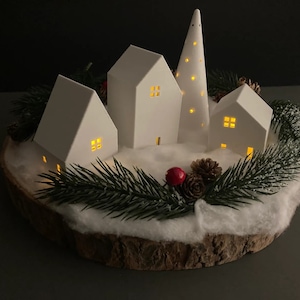 Minimal Christmas Village Set - White LED Houses & Tree | Holiday Decorations | 3D Printed Xmas Village