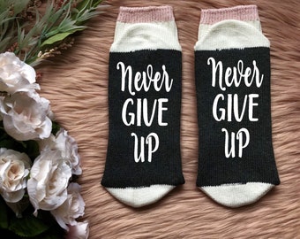 Never Give Up Cancer Socks-Kicking Cancer's Ass-Breast Cancer-Ovarian Cancer-Cancer Care Package-Chemo Gift