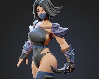 Könnte beinhalten: Eine weibliche Actionfigur mit schwarzen Haaren, die ein schwarzes und blaues Outfit mit einer Gesichtsmaske trägt und einen silbernen Dolch hält. Die Figur trägt braune und violette Rüstung an Armen und Beinen.