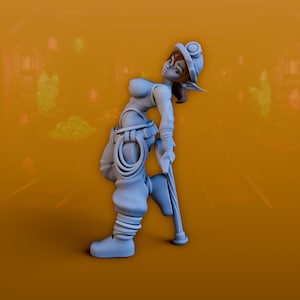 May include: A 3D-printed figurine of a female miner, leaning on a cane. The figure wears a miner's hat, gloves, and boots, with a rope coiled around the waist. The figurine is light blue and set against an orange background.