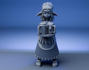 May include: A gray figurine of a female elf wearing a dress and apron, holding a tray with two mugs of beer.
