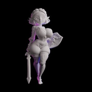 May include: A white 3D-printed figurine of a female warrior, holding a sword and shield. The figure is stylized with exaggerated proportions, wearing armor and thigh-high stockings. The background is black.