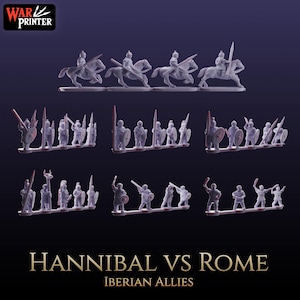 May include: A set of 20 plastic miniature figures depicting ancient Iberian warriors and cavalry. The figures are painted in shades of gray and white, and are posed in various battle stances. The figures are labeled "Hannibal vs Rome Iberian Allies".